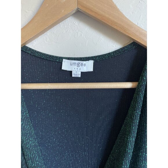 UMGEE Size Large Black Green Sparkle Twist Front Midi Dress V-Neck - Picture 4 of 6